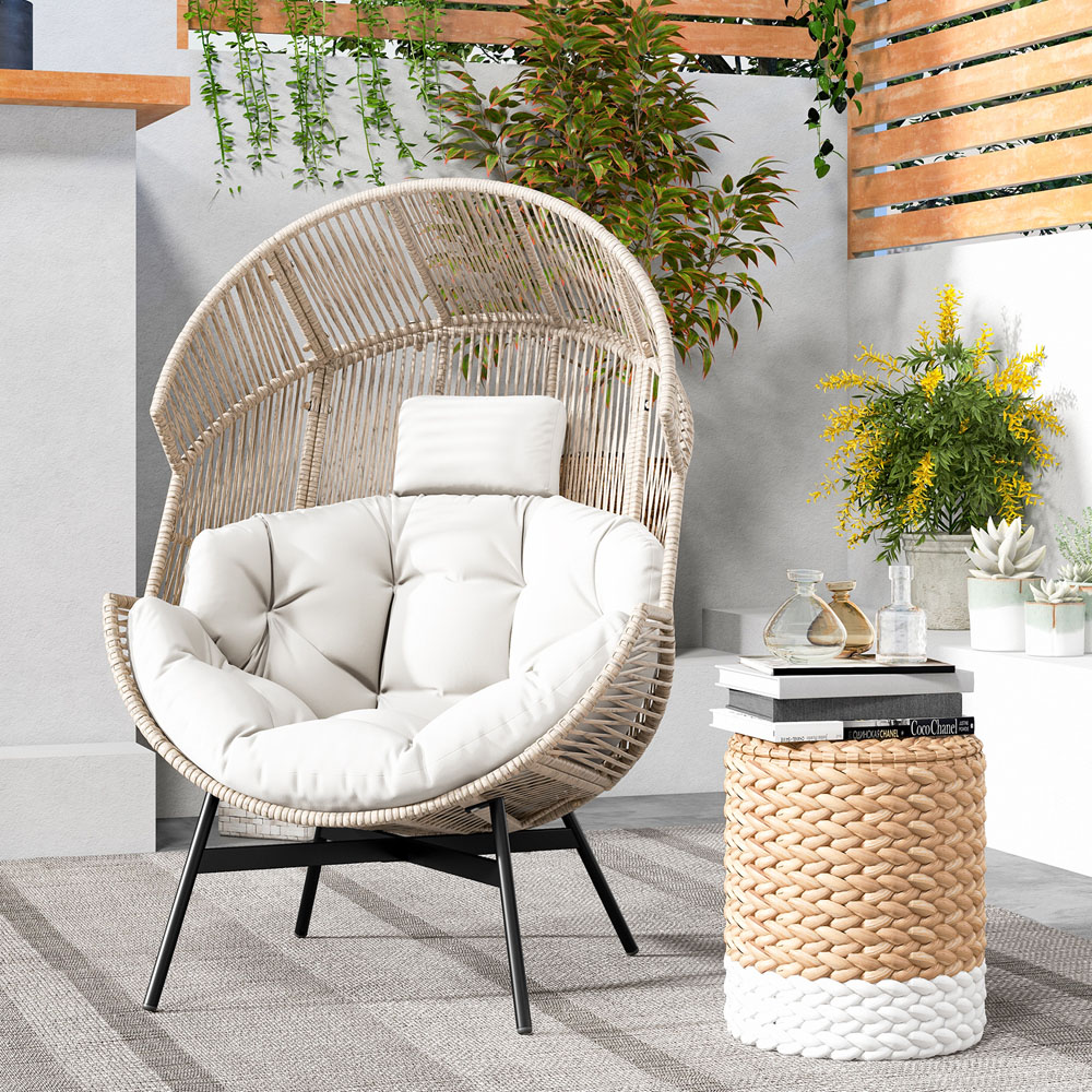 Costway White Wicker Egg Style Chair with Cushion Image 4