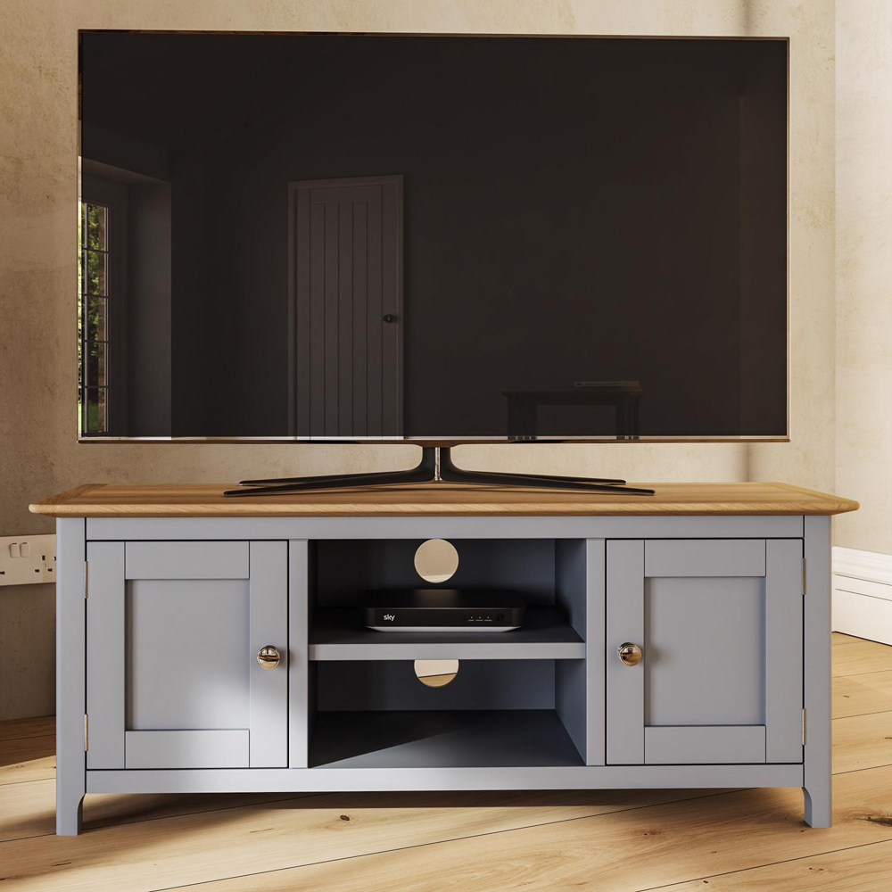 FWStyle Taberno 2 Door 2 Shelf Dove Grey and Oak Wide TV Unit Image 7
