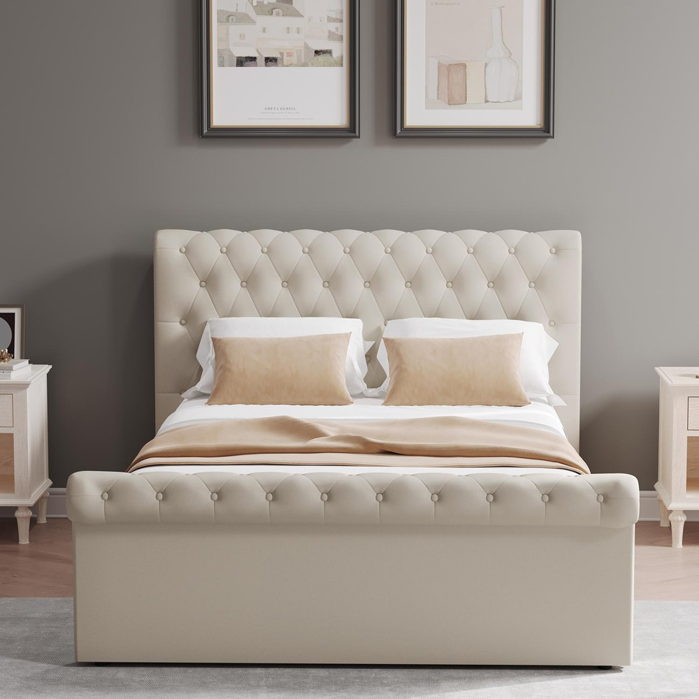 FWStyle Abbey King Size Cream Almond Side Lift Ottoman Bed Frame with Scroll Buttoned Headboard Image 3