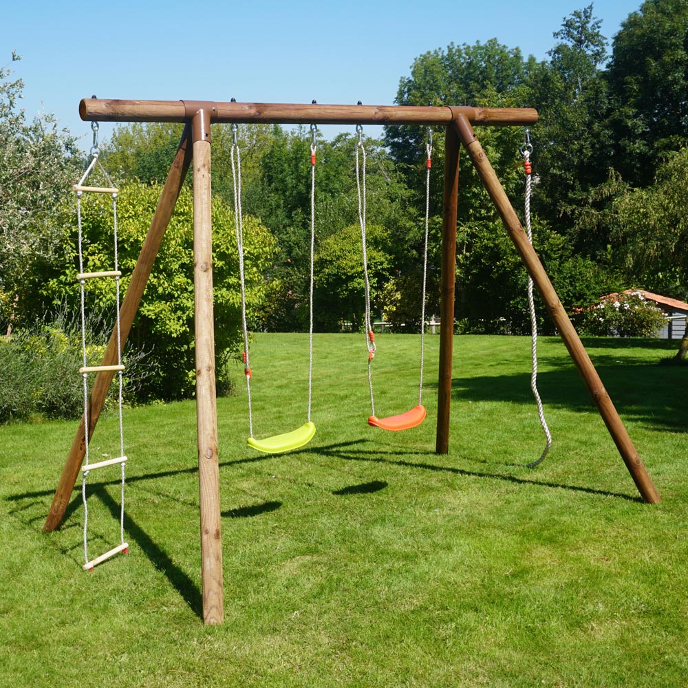 Soulet Ernest Kids Wooden Double Swing Set with Rope and Ladder Image 2