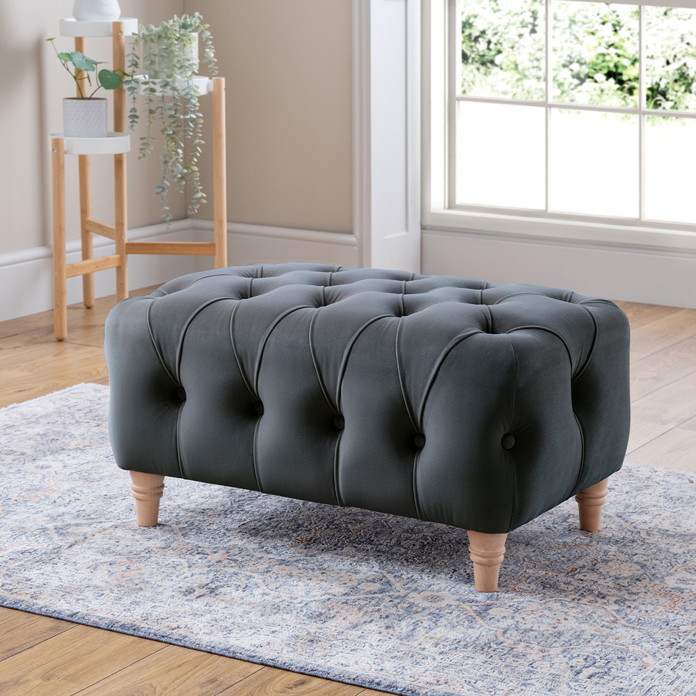 Elsie Chesterfield Midnight Blue Plush Velvet Footstool Image 3