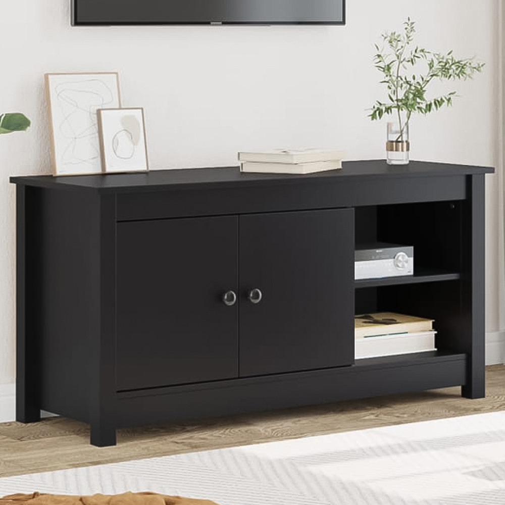 vidaXL 2 Door 2 Shelf Black Solid Pine Wood TV Cabinet Image 1
