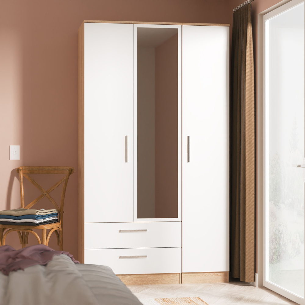 Crowndale Contrast 3 Door 2 Drawer White Matt and Bardolino Oak Mirrored Wardrobe Ready Assembled Image 9