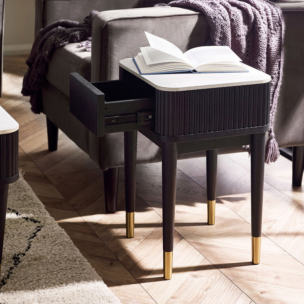 Julian Bowen Louis Single Drawer Black Fluted Stone Top Lamp Table Image 9
