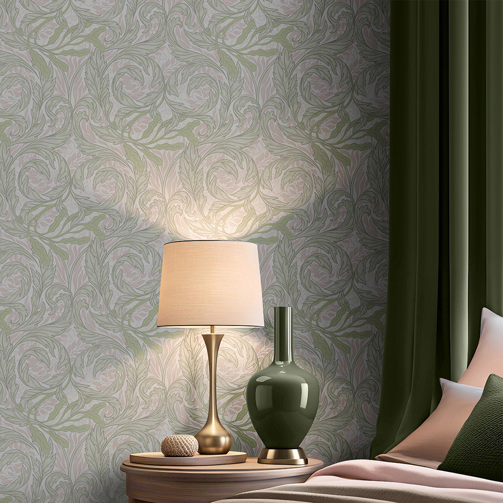 Muriva Vale Leaf Green and Pink Wallpaper Image 5