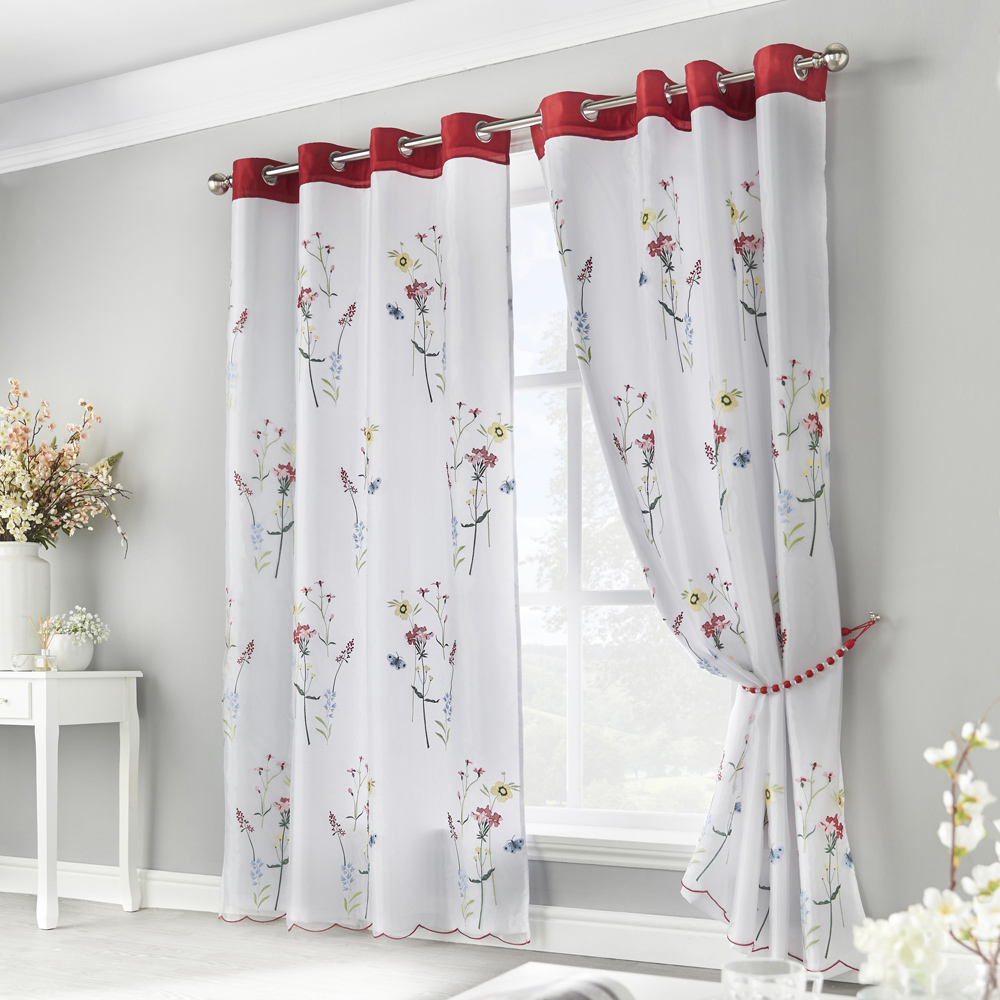 Alan Symonds Embroidered White and Red Floral Lined Ring Top Eyelet Voile Curtains 147 x 183cm Image 1