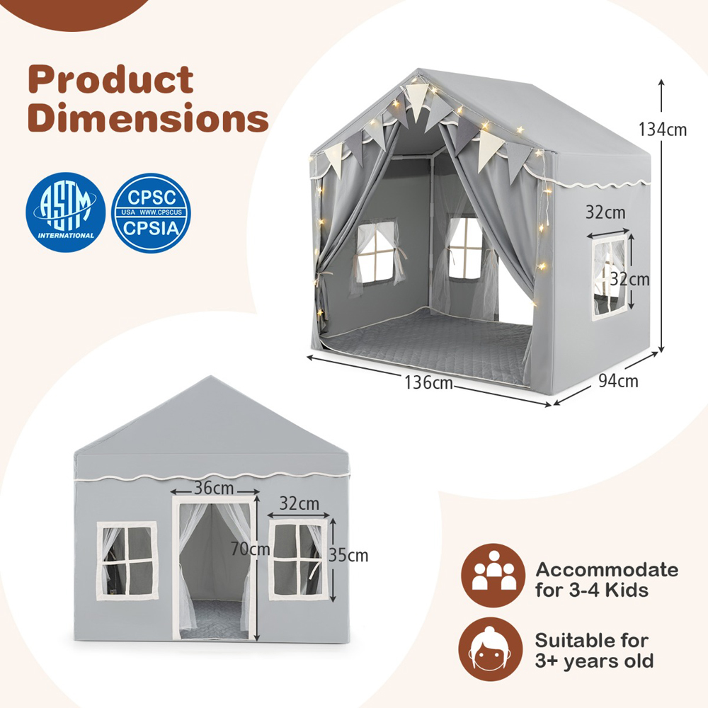 Costway Kids 2 Door Grey Large Tent House Play Set Image 7