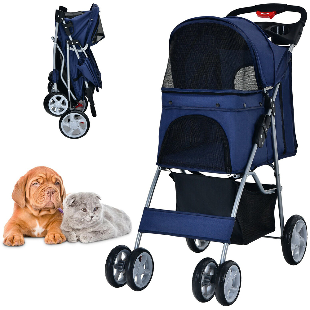 Costway Navy Folding Pet Stroller with Wheels and Canopy Image 3