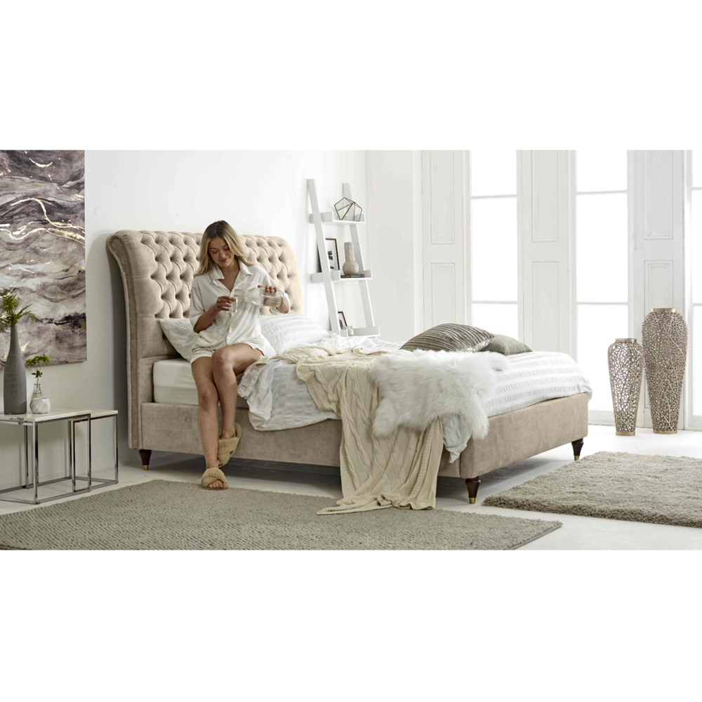 Eleganza Alisyn Single Oatmeal Marble Fabric Bed Frame with Sleigh Headboard Image 3