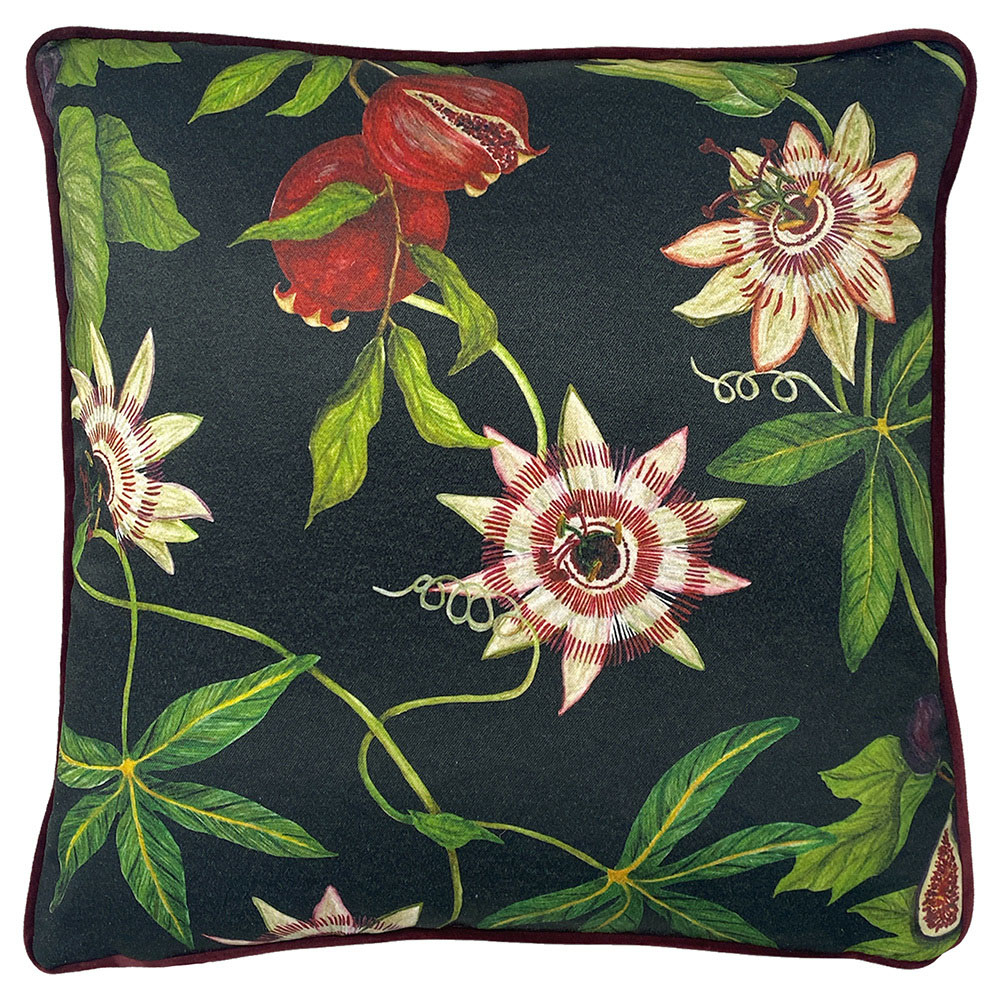 Paoletti Figaro Green Floral Piped Velvet Cushion Image 1