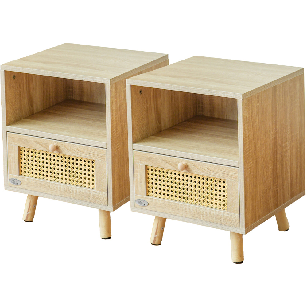 Abrihome Single Drawer Single Shelf Natural Wooden Rattan Nightstand Set of 2 Image 2
