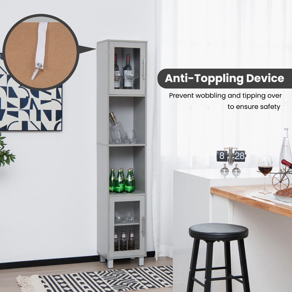 Costway 2 Door 4 Shelf Grey Freestanding Slim Wooden Bathroom Cabinet Image 5