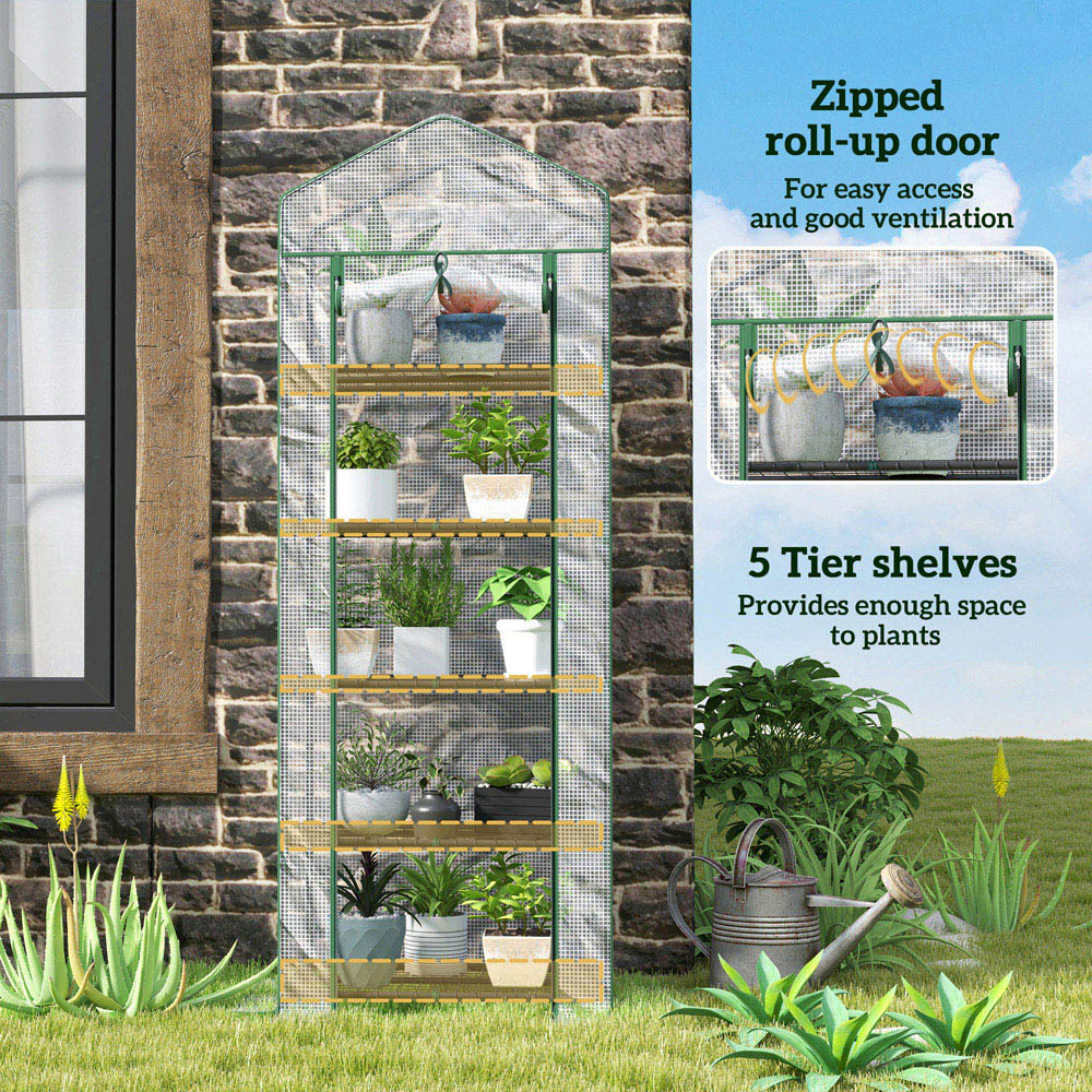Outsunny White and Green 5 Shelf PE Cover 2.2 x 1.6ft Mini Greenhouse with Roll Up Door Image 5