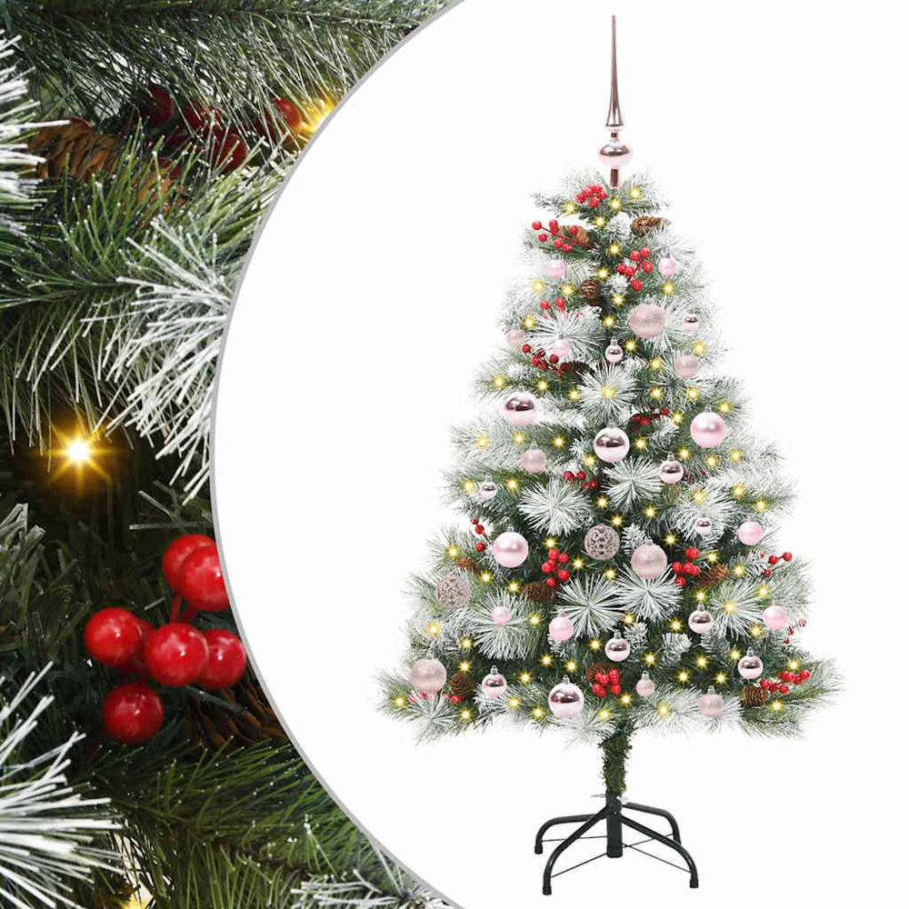 vidaXL Pre-Lit Pink Baubles Green Artificial Snow Flocked Christmas Tree 4ft Image 2