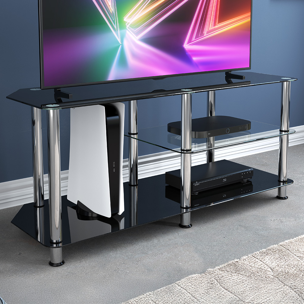 AVF Classic 3 Shelf Black Glass and Chrome Corner TV Stand Image 1