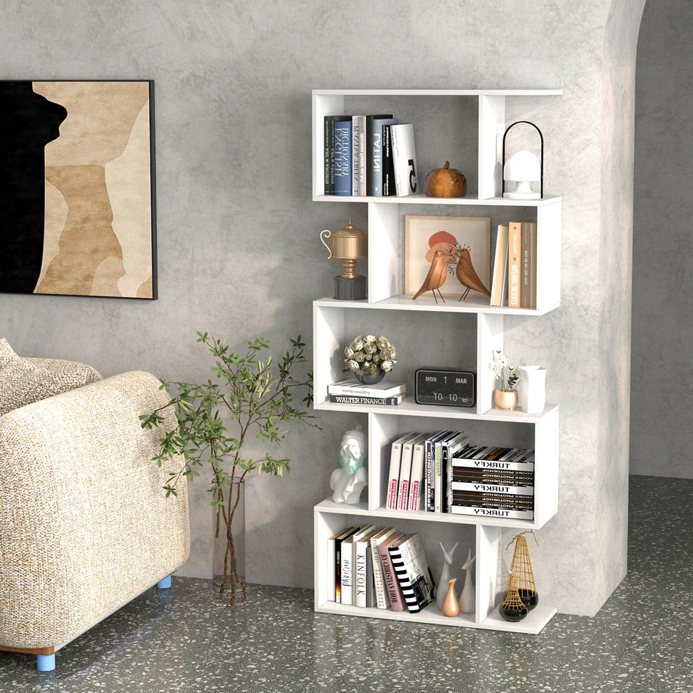 Costway 5 Shelf White S Shaped Bookcase Image 3