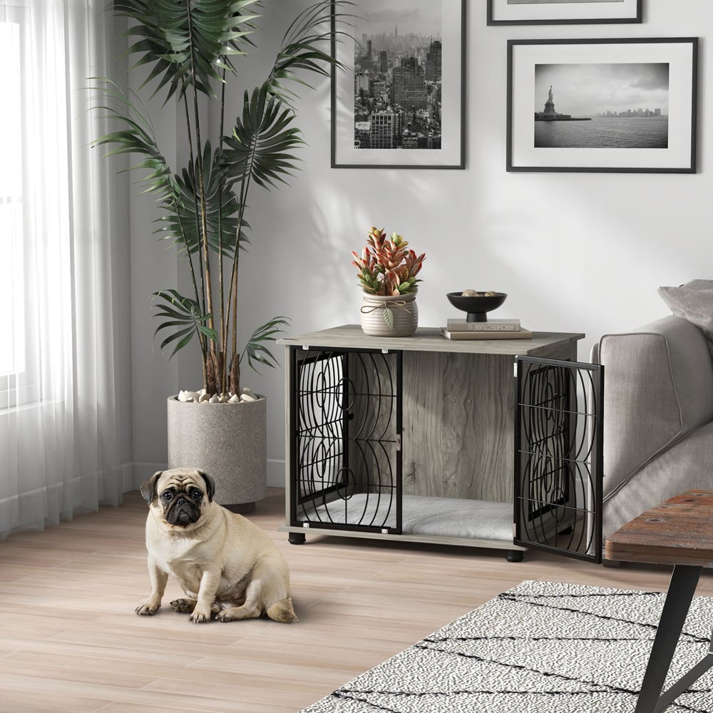 PawHut Grey Dog Crate End Table with Cushion 75cm Image 2
