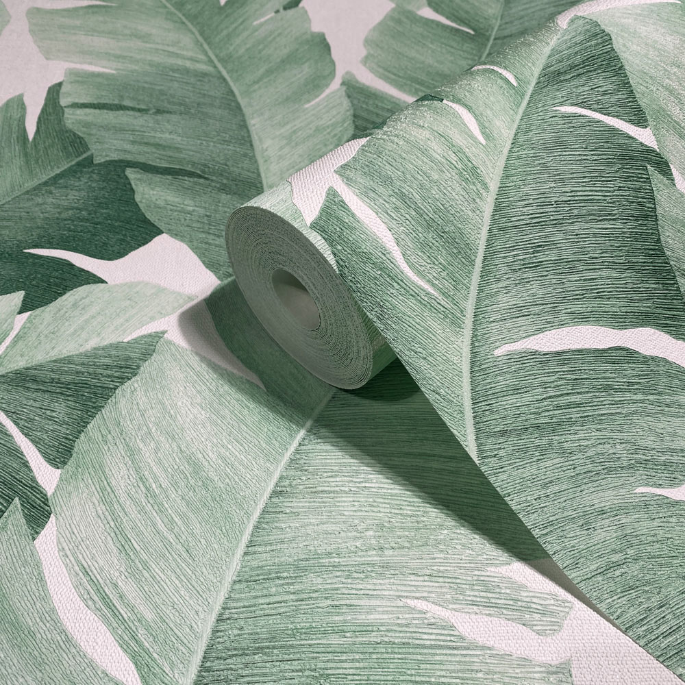 Galerie Industrial Effects Tropical Leaf Green and White Wallpaper Image 2