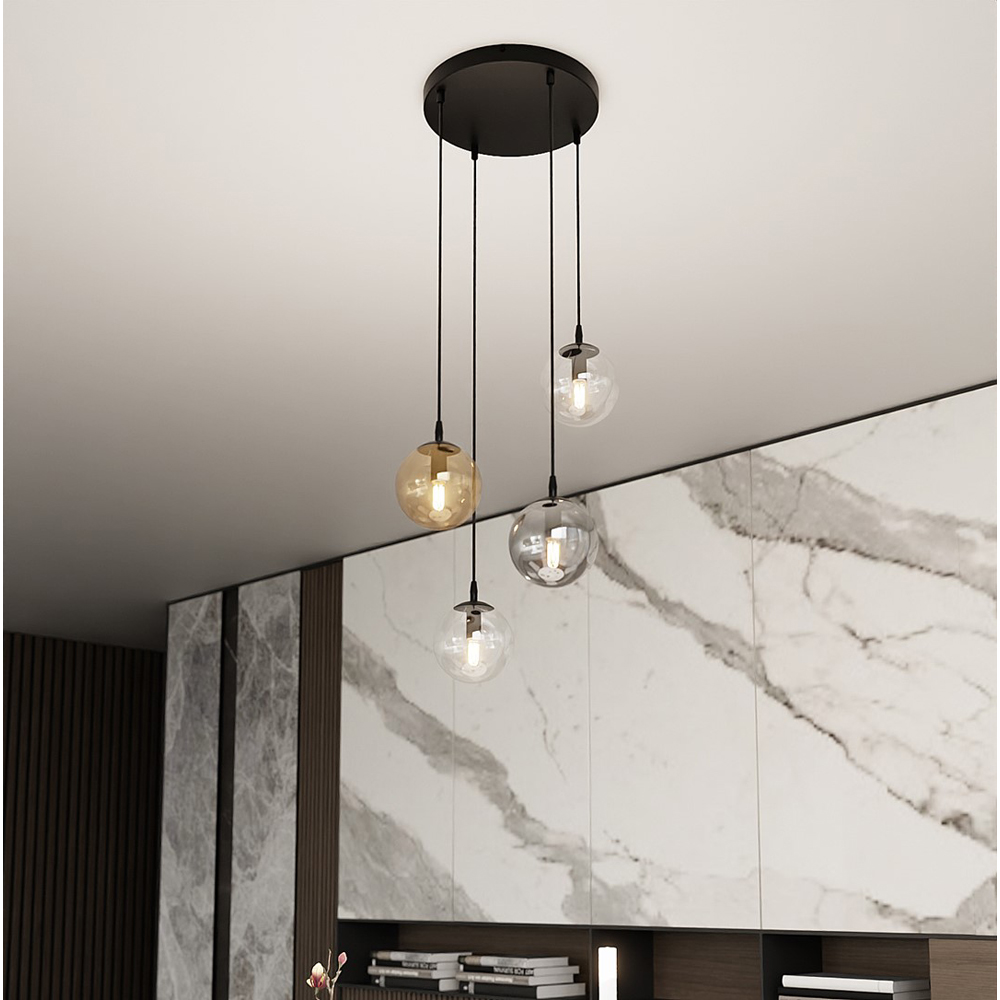 Emibig Cosmo 4 Light Transparent Graphite and Amber Shade Black E14 Ceiling Pendant Light Image 2