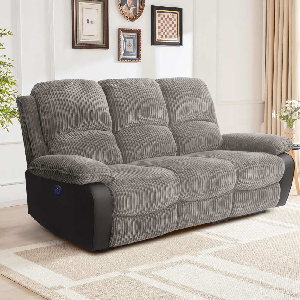 Comfy Living 3 Seater Grey Cord Fabric Electric Recliner Sofa Image 1