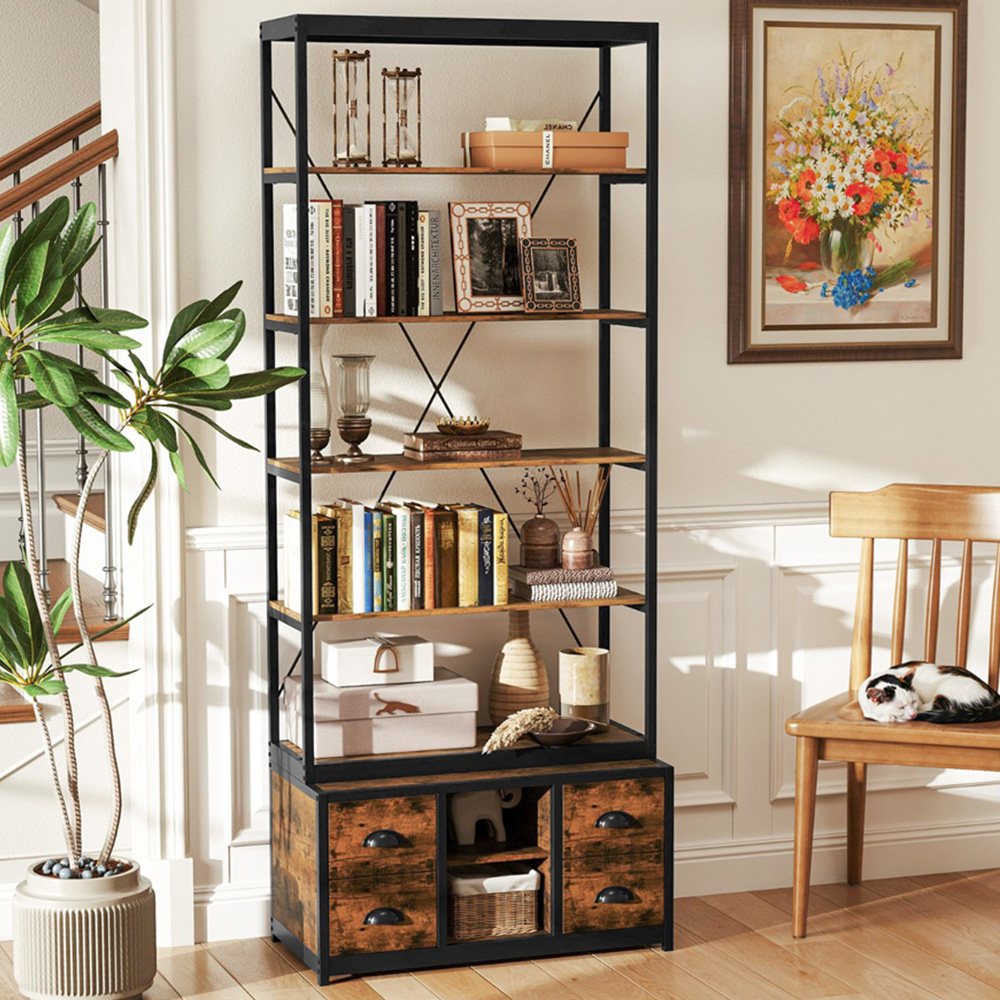Costway 8 Tier 4 Drawer Rustic Brown Bookshelf Image 1
