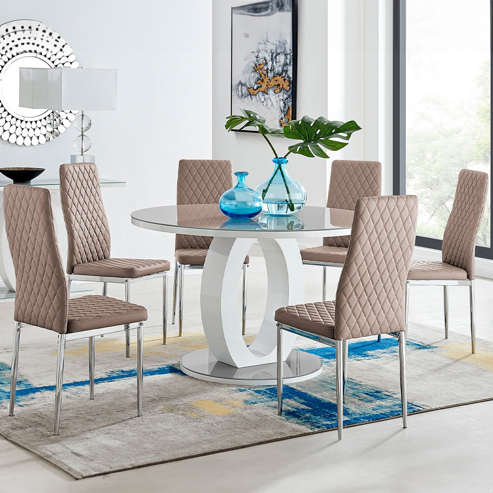 Furniturebox Lucia Valera 6 Seater Round Dining Set White High Gloss and Cappuccino Image 1