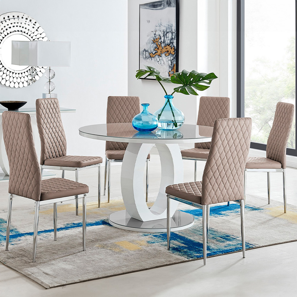 Furniturebox Lucia Valera 6 Seater Round Dining Set Grey Gloss Cappuccino and Chrome Image 1