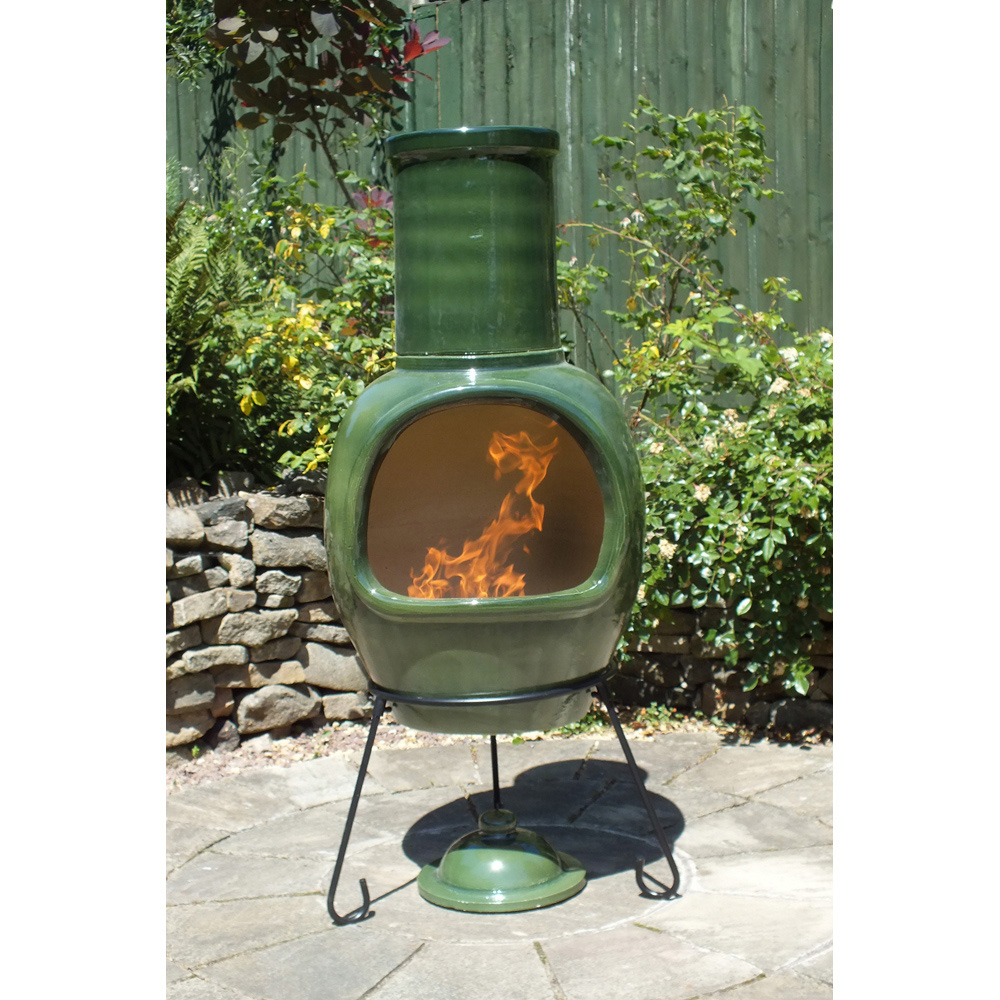 Gardeco Asteria Glazed Green Chimalin Advanced Fire Clay Chimenea XL with Lid and Stand Image 5