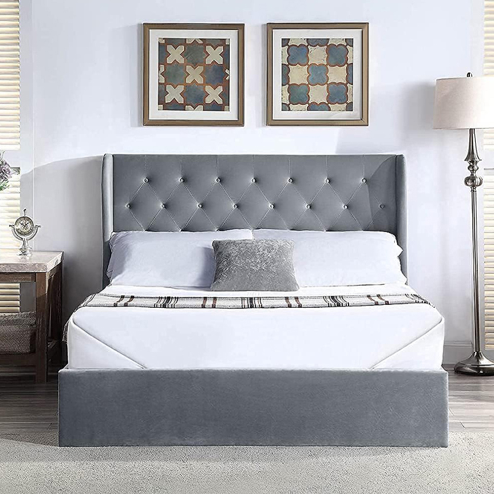Home Treats Double Grey Velvet Winged Headboard Ottoman Bed Frame Image 4