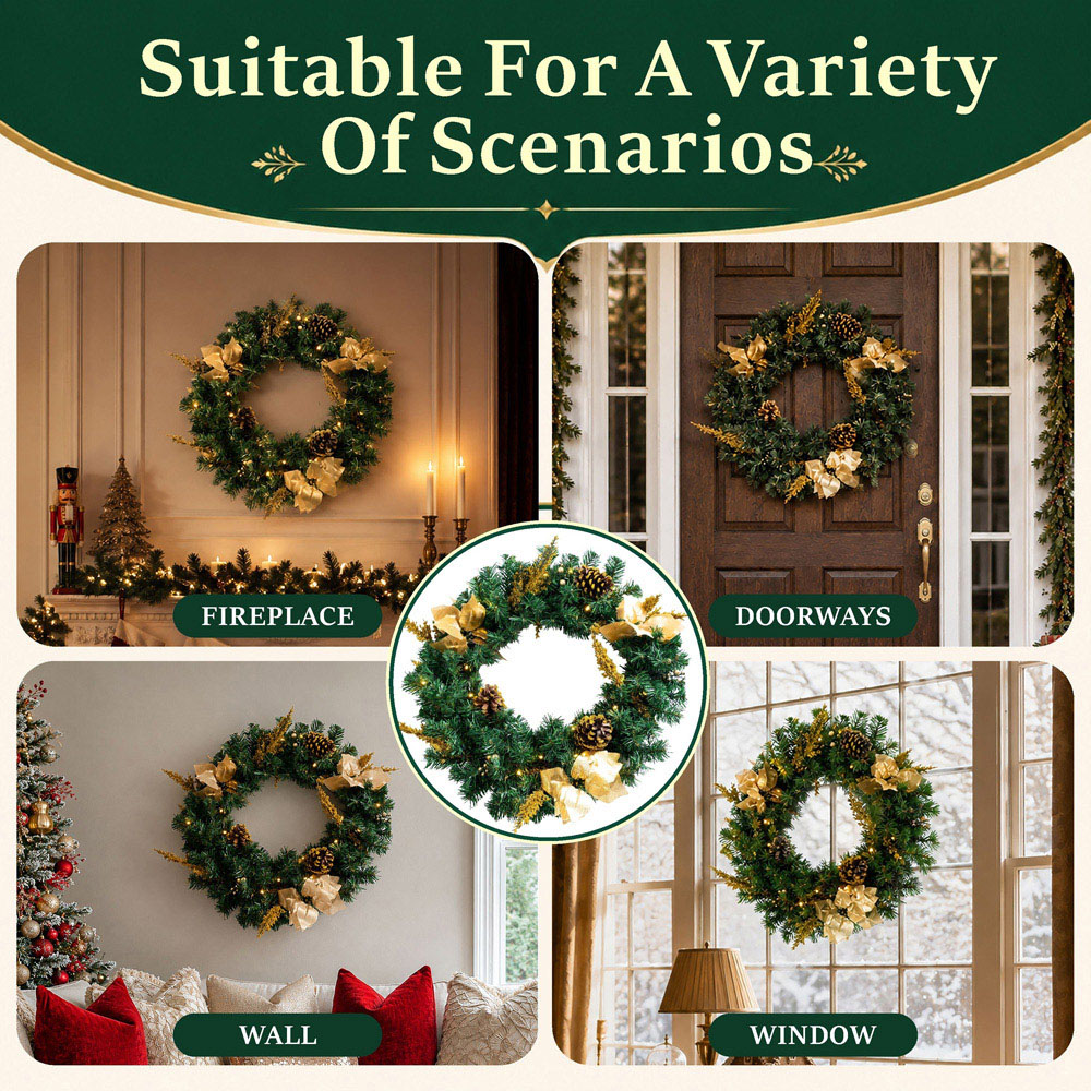 Abrihome 35 Warm White LED Artificial Christmas Wreath with Pinecones Berries and Branches 50cm Image 7