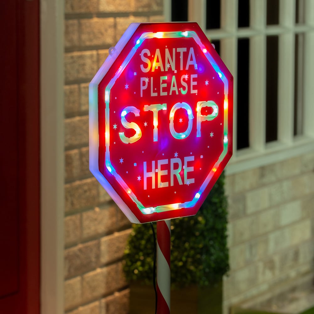 The Christmas Workshop Multicolour Light Up Santa Please Stop Here Sign Post Image 4