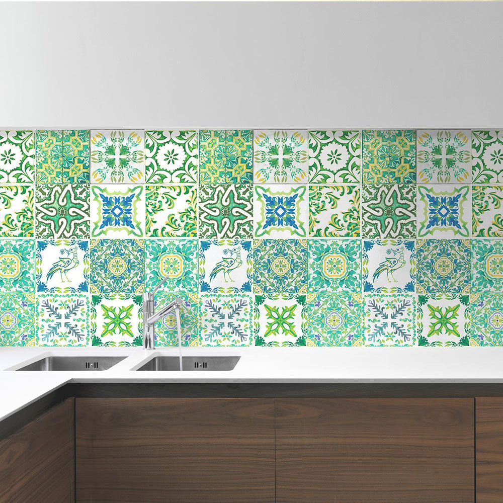 Walplus Turkish Green Mosaic White Self Adhesive Tile Stickers 24 Pack Image 1