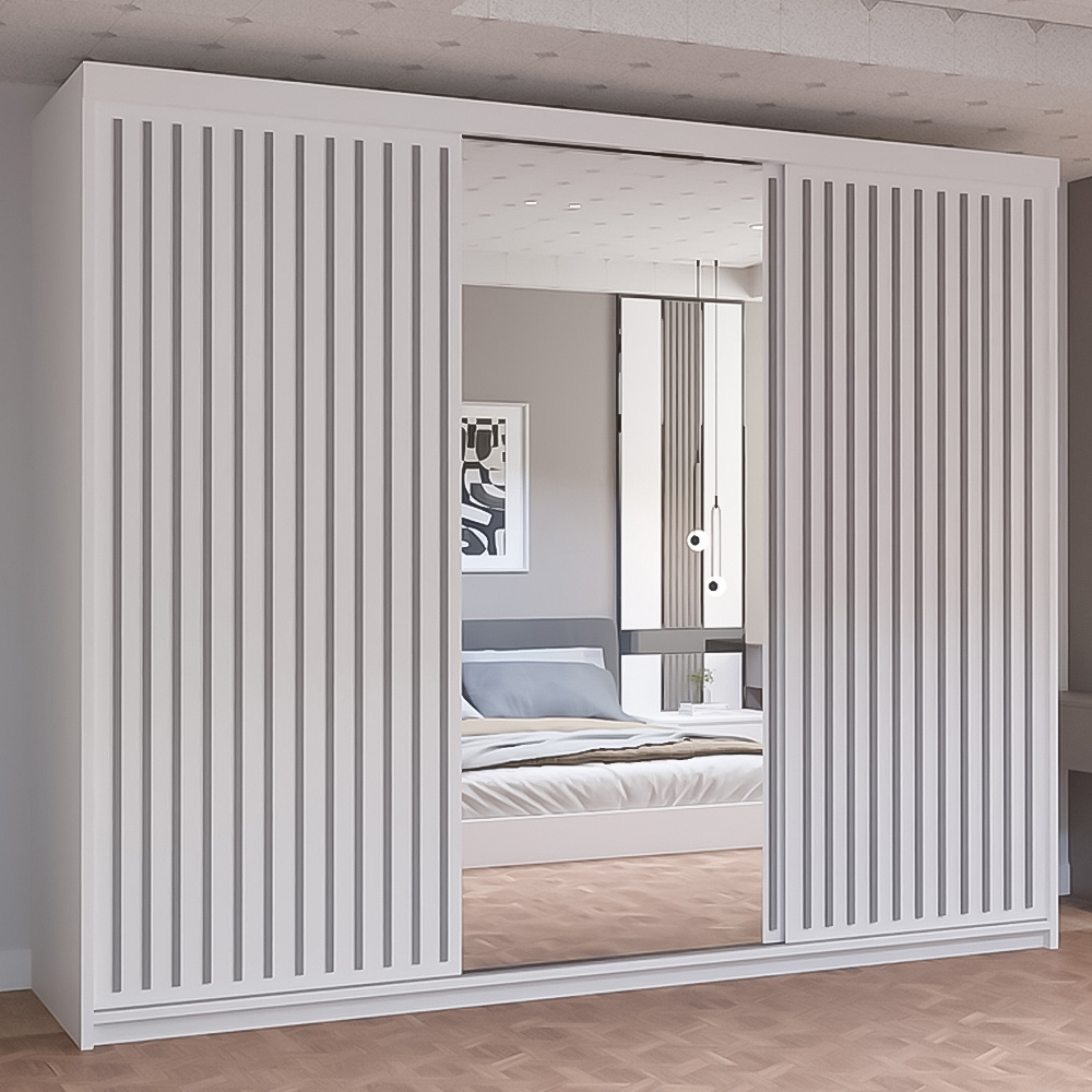 M N Furniture Roman 3 Door White and Grey Mirrored Sliding Wardrobe 250cm Image 1