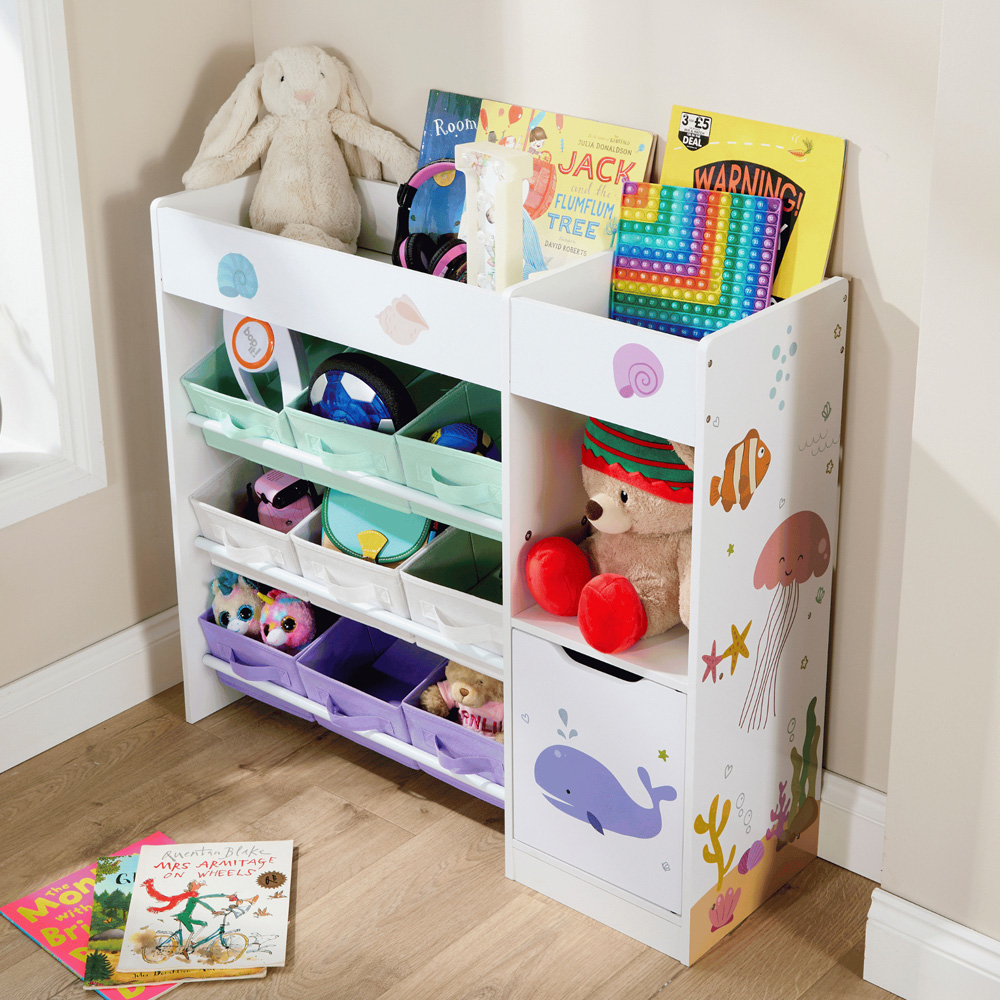 Home Source Anya Single Door 9 Fabric Drawer 3 Shelf Multicolour Sealife Animal Kids Bookcase Image 7