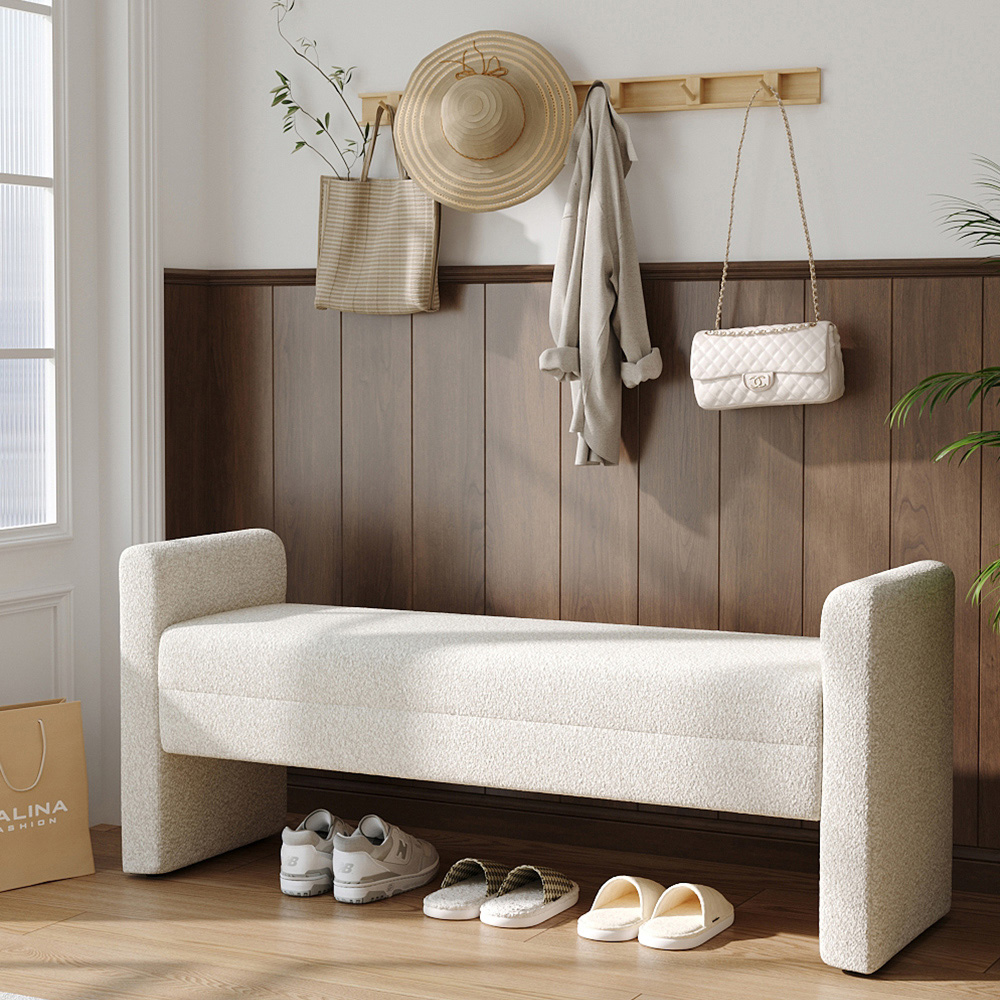 Living and Home White Rectangle Teddy Upholstered H-Shaped Bench Image 3