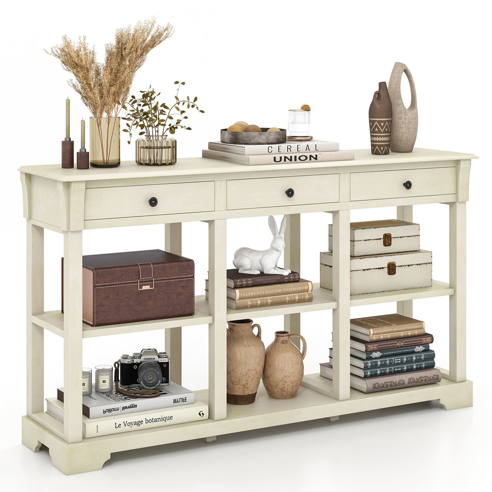 Costway 3 Drawer Open Shelf White Retro Console Table Image 4