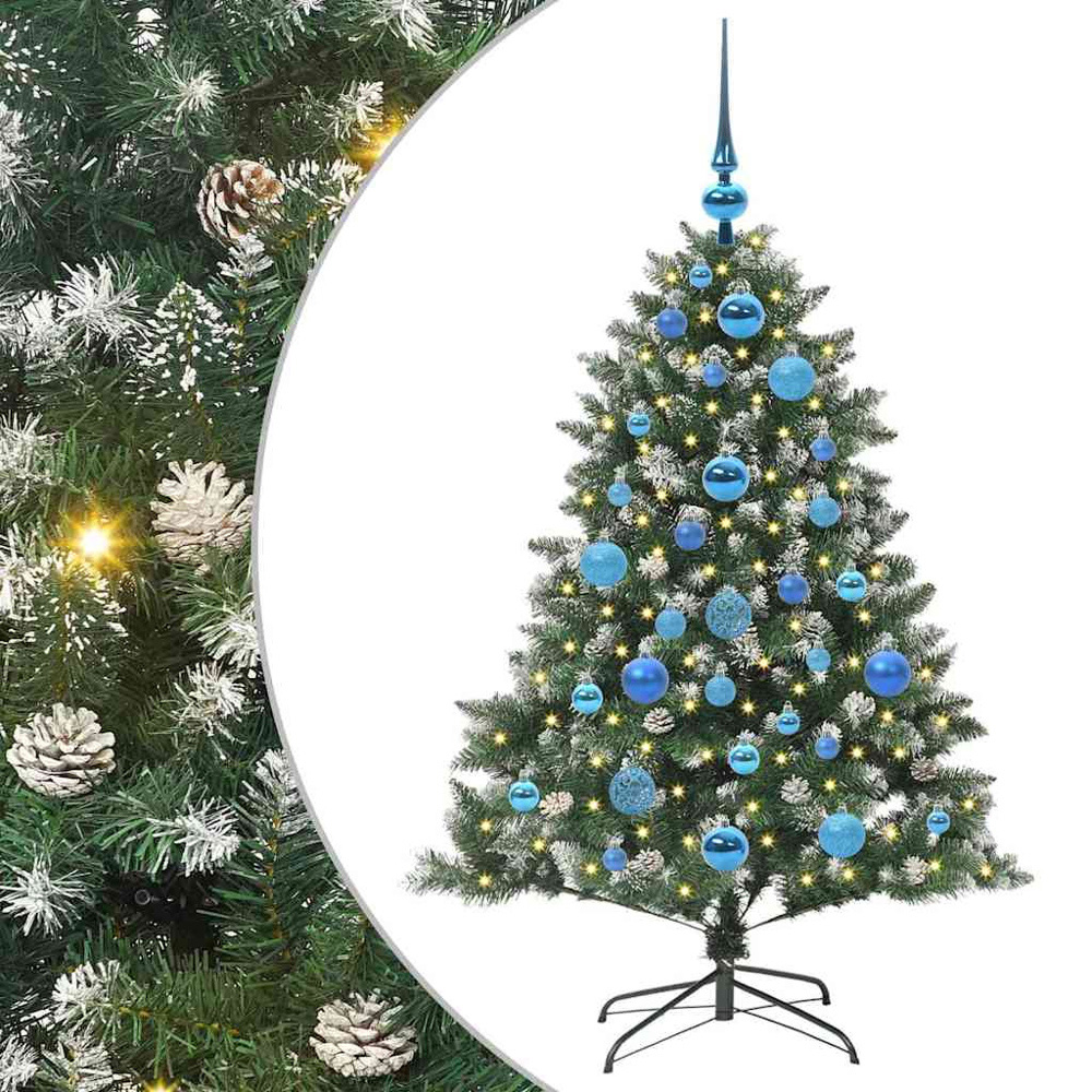 vidaXL Pre-Lit Blue Bauble Pinecones Green Snow Flocked Artificial Christmas Tree 4ft Image 6