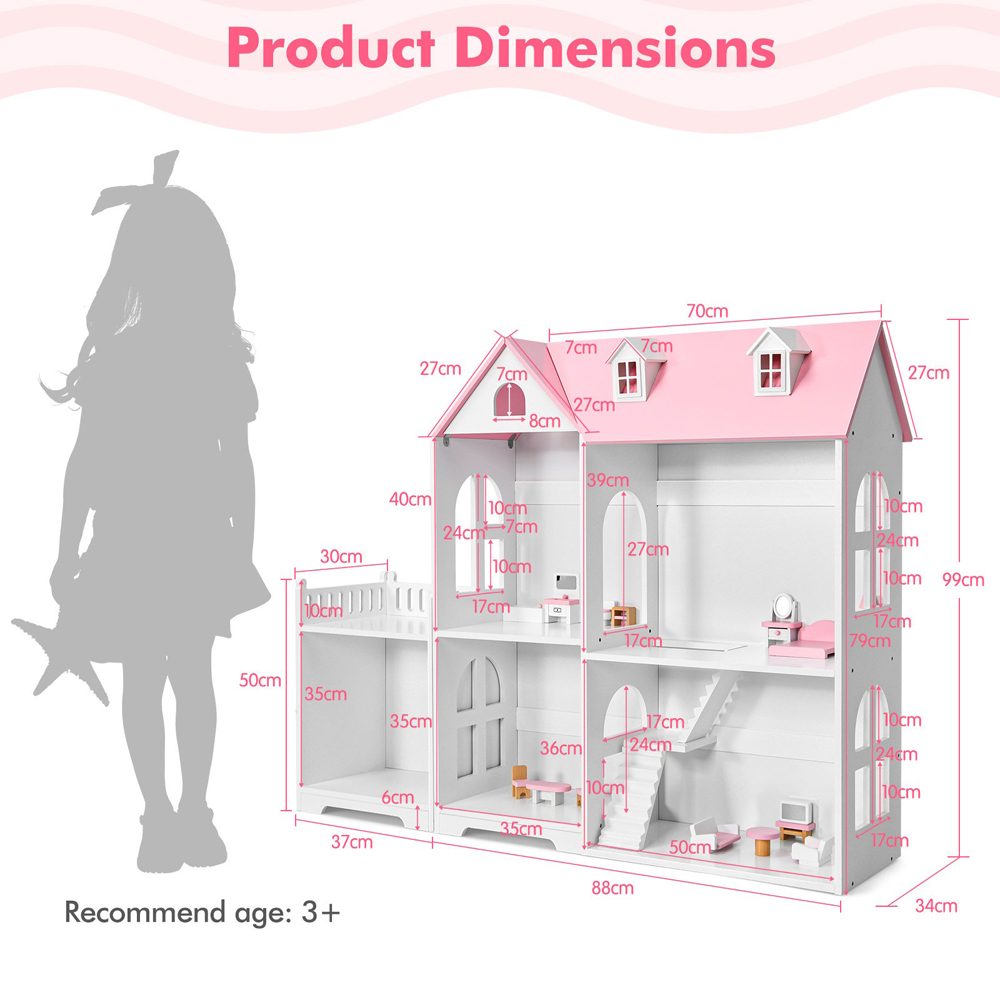 Costway Pink Large Wooden Dolls House Image 9
