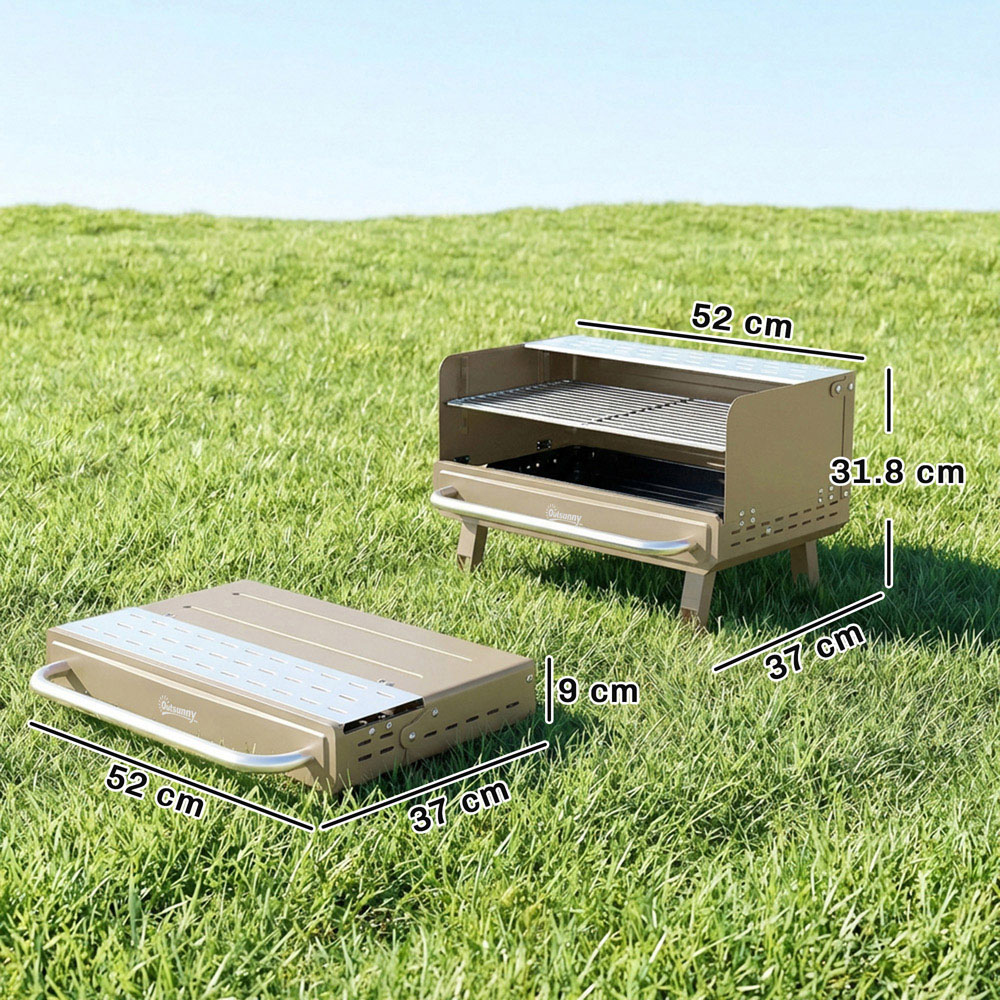 Outsunny Khaki Portable Barbecue Grill with Adjustable Grates and Side Shelf Image 9