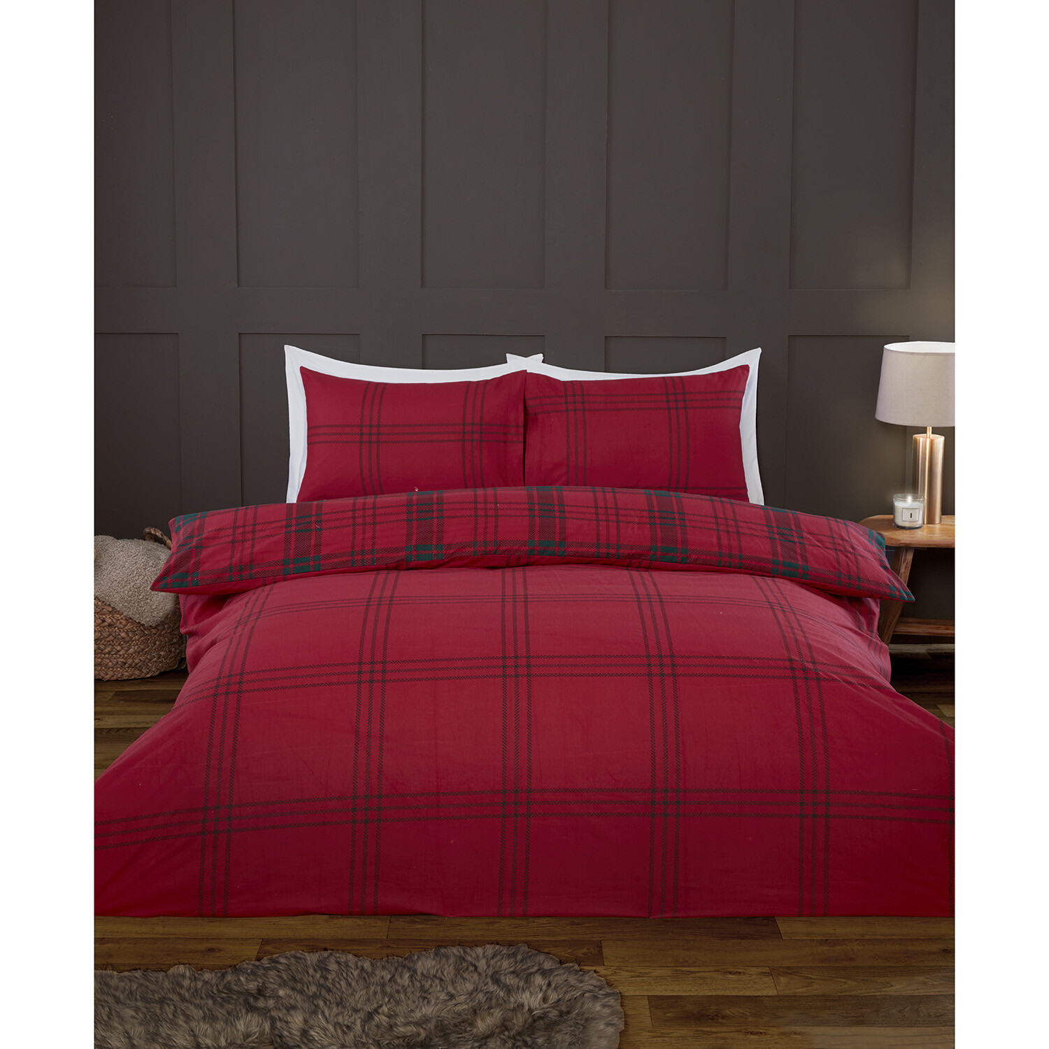Kirkland Check Duvet Cover and Pillowcase Set - Red / Single Image 2