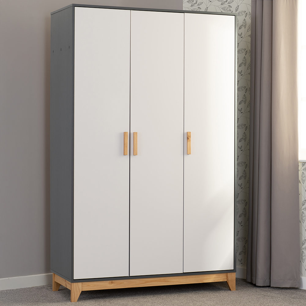 Seconique Cleveland 3 Door White and Grey Metal Effect Wardrobe Image 1