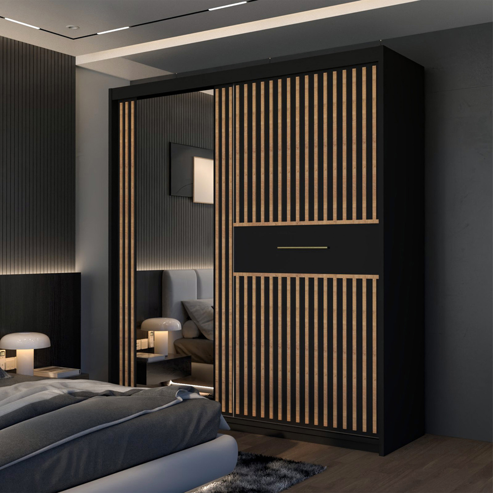 M N Furniture Laiyal 2 Door Black Mirrored Sliding Wardrobe with Oak Strip 150cm Image 3