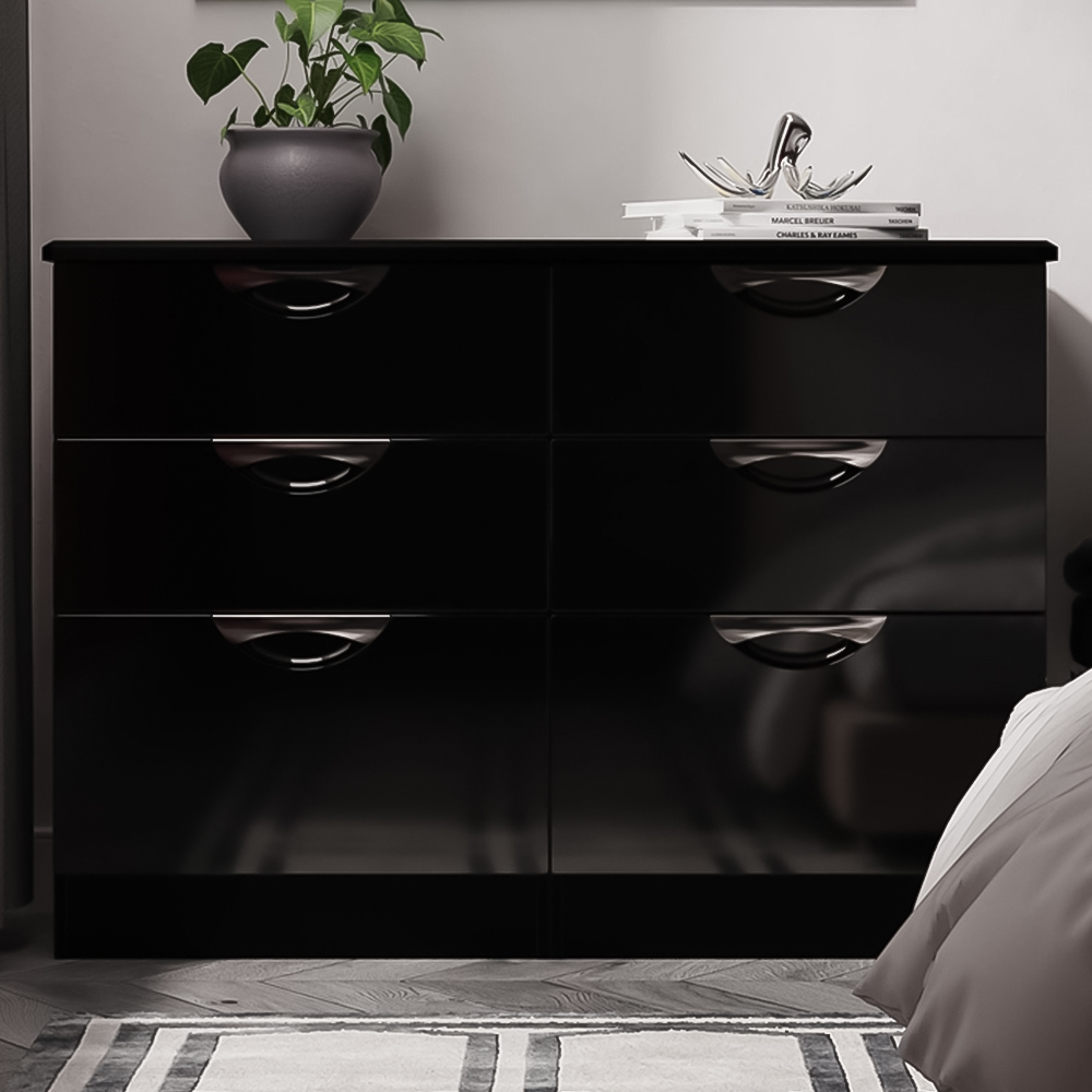 Crowndale Camden 6 Drawer Black Gloss and Black Wide Chest of Drawers Ready Assembled Image 1