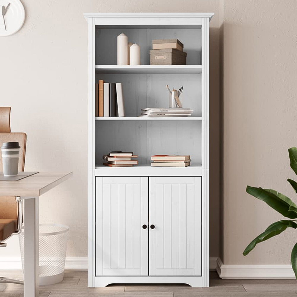 vidaXL Bodo 2 Door 3 Shelf White Solid Pine Wood Bookcase Image 1