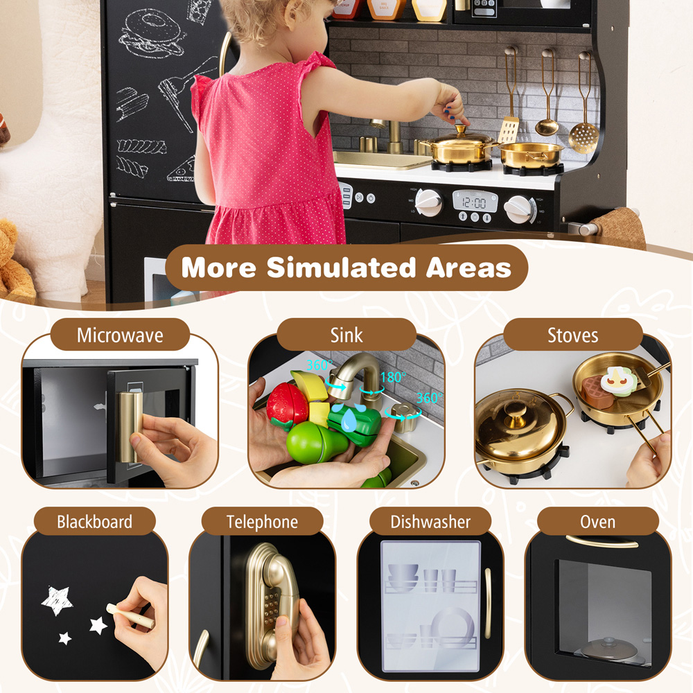 Costway Toddler Black Kitchen Play Set with Simulated Sounds Image 5