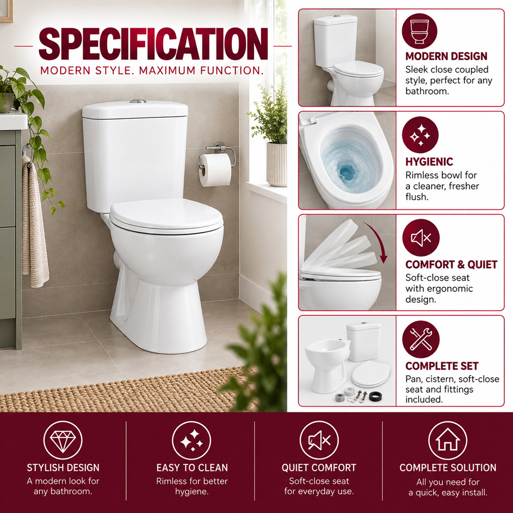 Go Bathrooms White Soft Close Coupled Rimless Toilet Image 5