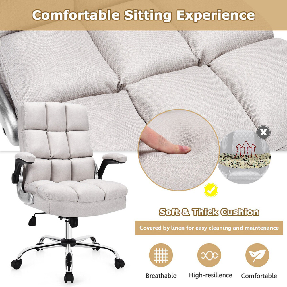 Costway Beige Linen Upholstered Adjustable Ergonomic Office Chair Image 7
