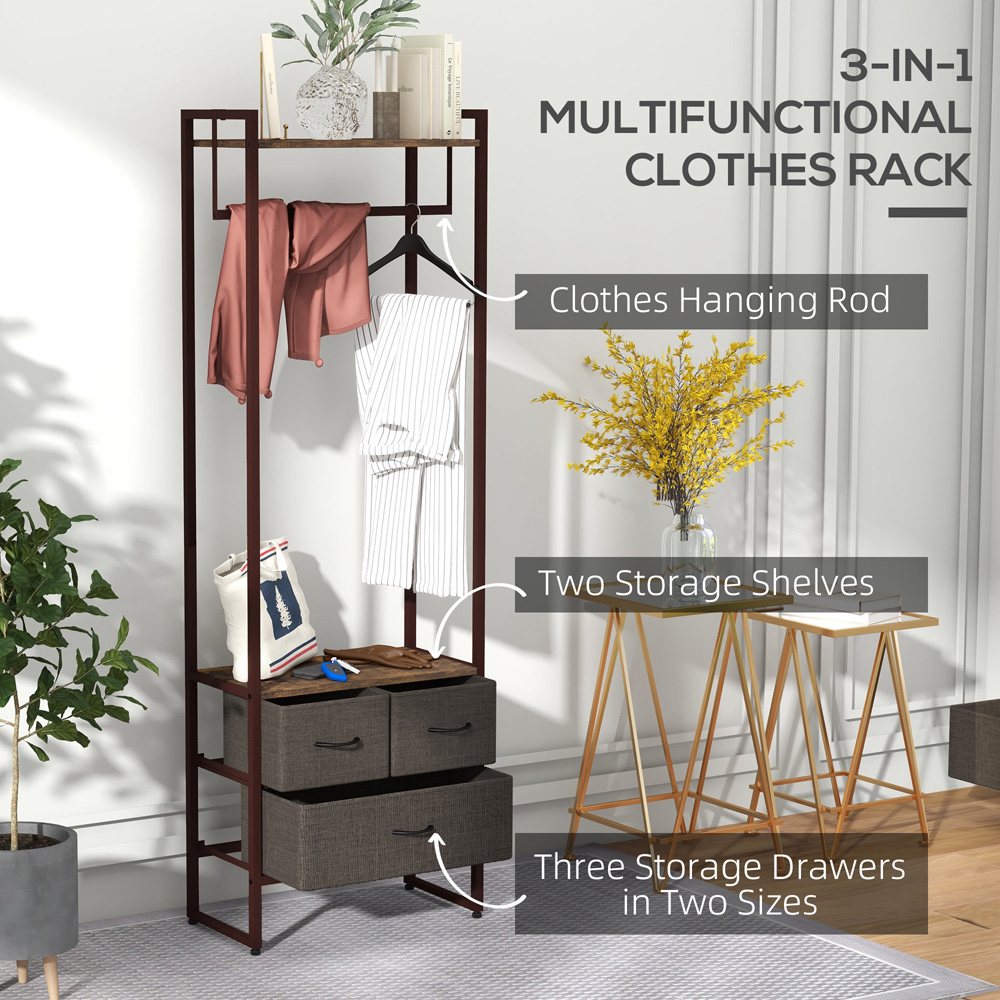 Portland 3 Drawer Rustic Free Standing Clothes Rail with Shelf Image 4