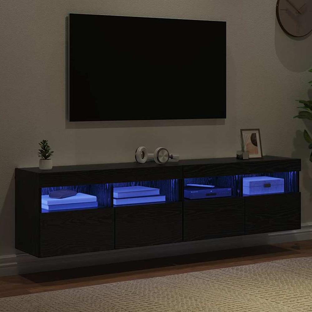 vidaXL 2 Door 2 Shelf Black Oak TV Cabinet with LED Lights Set of 2 Image 1