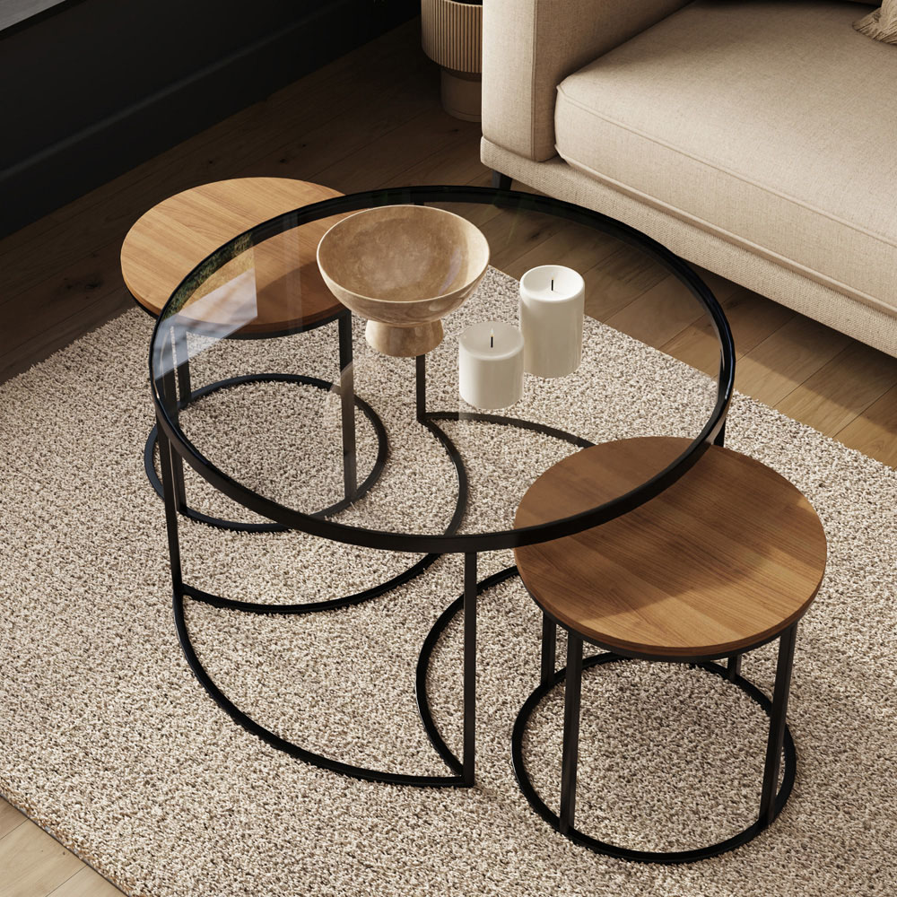 GFW Femi Oak Glass Top Nest of Tables Set of 3 Image 7